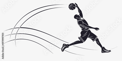 Dynamic black silhouette of a basketball player performing a layup with motion trails basketball silhouette competition movement training exercise strength professional performance