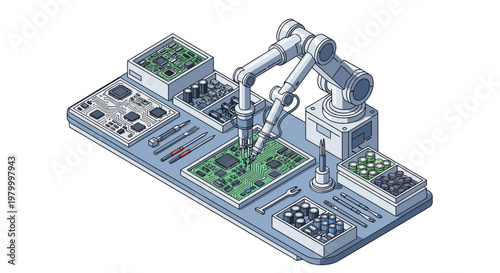 Automated Electronics Assembly: Robotic Arm Working on Circuit Board with Microchips and Components, Isometric Technical Illustration