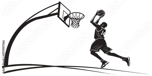 Black silhouette of a basketball player shooting a jump shot towards the hoop with basketball shooting silhouette competition training exercise strength professional performance