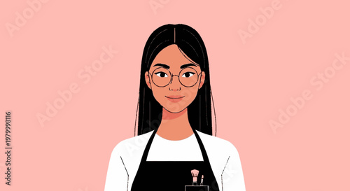 Young woman in glasses wearing apron illustration on pink background