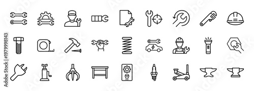Minimalist mechanical and repair spanner outline icon set