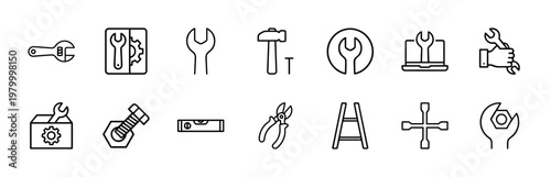 Minimalist mechanical tool and repair service outline icon collection