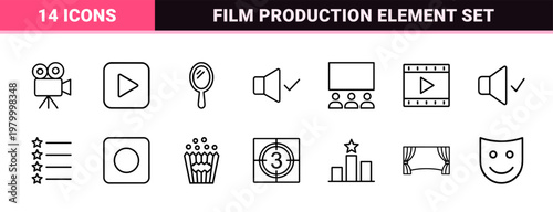 Minimalist film and cinema outline icons with movie camera, clapboard and theater symbols