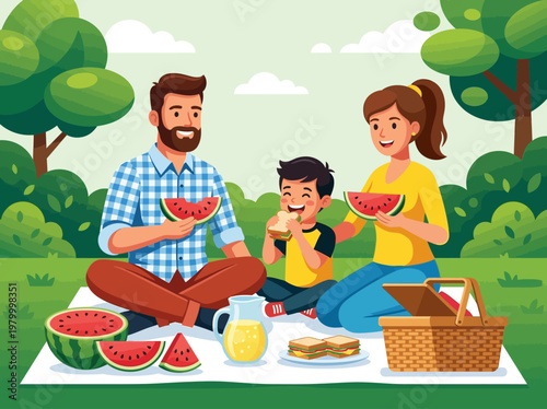 Happy Family Enjoying a Summer Picnic in the Park Vector Illustration with Watermelon and Sandwiches
