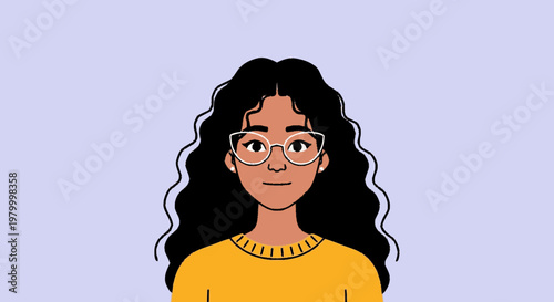 Young woman portrait with curly hair and eyeglasses on solid background