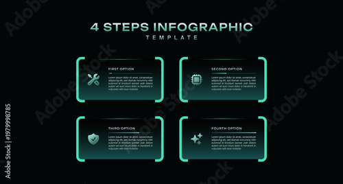 Dark tech infographic template 4 step timeline journey with number icons, modern vector for business presentation, process diagram, workflow, graph, minimal design