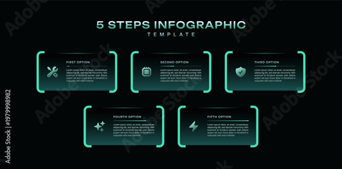 Dark tech infographic template 5 step timeline journey with number icons, modern vector for business presentation, process diagram, workflow, graph, minimal design