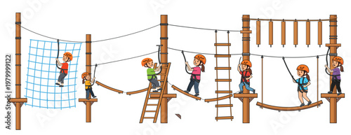 Kids High Ropes Adventure Course Vector Illustration with Ladders, Platforms, Harnesses and Teamwork