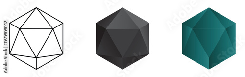 Icosahedron geometric shapes including wireframe and solid 3D renders vector illustration