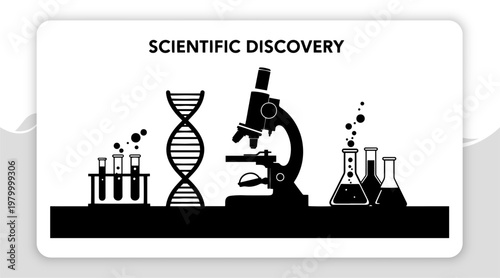 Exploring the Enormous Scope of Scientific Discovery Monochrome Silhouettes Depicting DNA, Microscopes, and Essential Laboratory Apparatus for Research and Breakthroughs