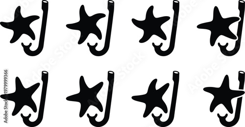 Eight black and white of a starfish combined with a snorkel tube, arranged in a two-by-four grid on a white background