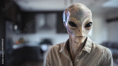Photorealistic extraterrestrial humanoid portrait in kitchen, close-up gray alien with large black eyes, neutral expression wearing casual shirt