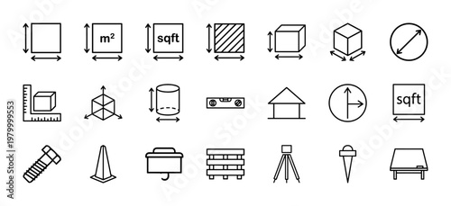 Technical dimension and area measurement outline icon set for engineering.