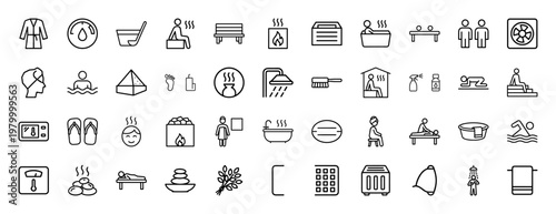 Minimalist sauna and steam room outline icon set for wellness and spa design