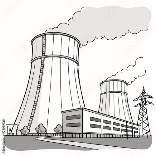 A black and white illustration of a nuclear power plant with two cooling towers emitting smoke