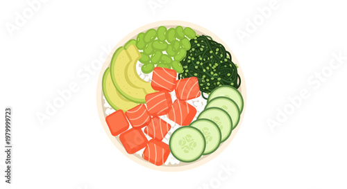 Colorful salmon poke bowl with avocado cucumber and edamame.