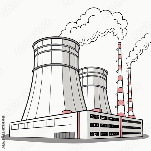 A nuclear power plant with cooling towers and smokestacks emitting smoke