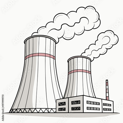 A cartoon illustration of a nuclear power plant with two cooling towers emitting smoke