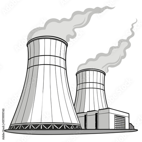 Illustration of a nuclear power plant with two cooling towers emitting smoke