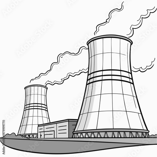 A black and white illustration of a nuclear power plant with two cooling towers emitting steam