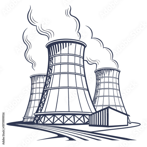 Cooling towers of a nuclear power plant with smoke coming out
