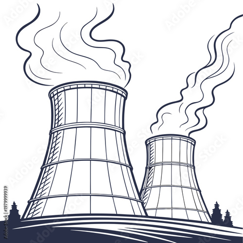 Obraz na płótnie Illustration of two industrial cooling towers with smoke emitting from the top