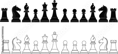 Fotografía Chess pieces black and outline set, classic board game icons with king queen roo