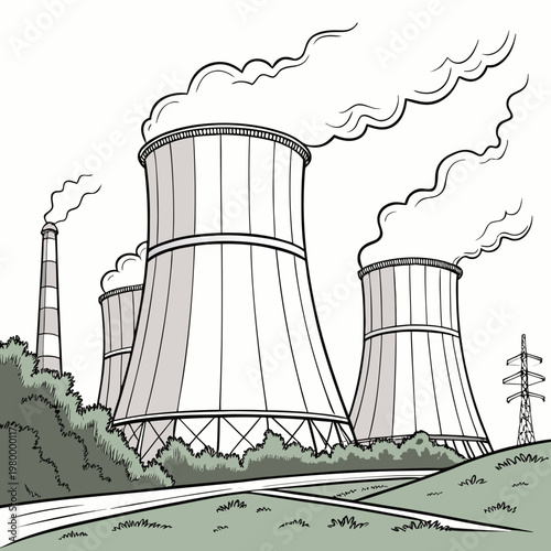 A black and white illustration of a nuclear power plant with cooling towers and smokestacks emitting steam and smoke into the air