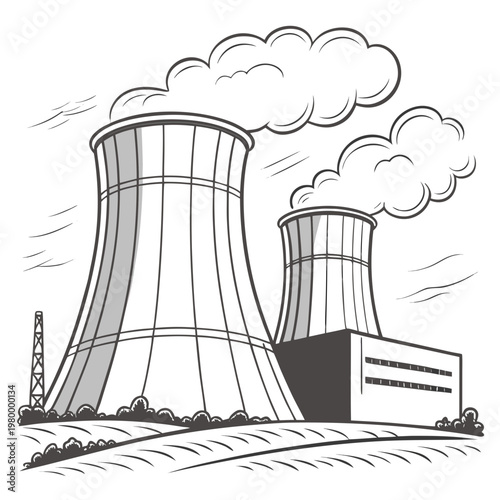 A black and white illustration of a nuclear power plant with two cooling towers emitting steam into the air