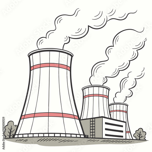 A cartoon illustration of a nuclear power plant with three cooling towers emitting smoke