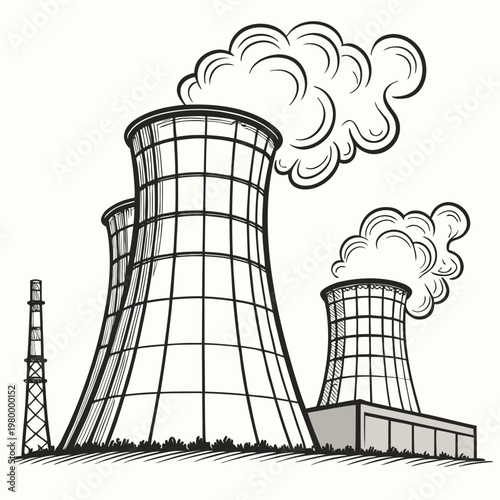 A black and white illustration of a nuclear power plant with two cooling towers emitting steam