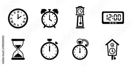 Set of eight black silhouette clock featuring various timekeeping devices