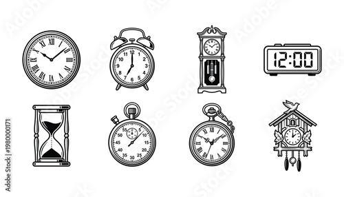 Set of eight black and white featuring various types of clocks and timepieces