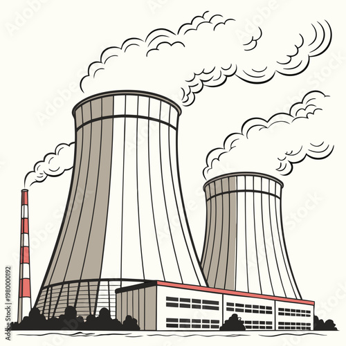 A cartoon illustration of a nuclear power plant with cooling towers and a smokestack on a beige background