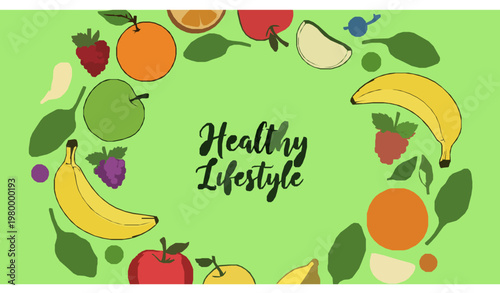Healthy Food Poster Hand Drawn Fruits Green Background Lifestyle Vector