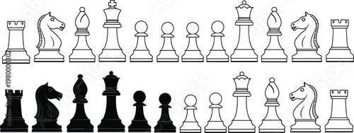 Obraz na płótnie Chess pieces outline and solid set, classic king queen rook bishop knight pawn i