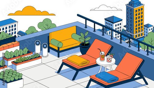 A modern urban rooftop terrace featuring comfortable lounge chairs and a city skyline view.