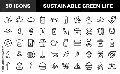 Minimalist eco lifestyle line icons for sustainability and environment