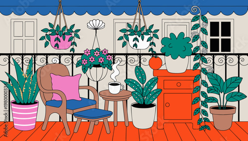 Vibrant pixel art illustration of a relaxing outdoor balcony with lush greenery and cozy seating