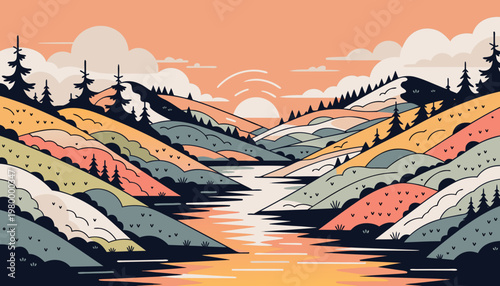 Beautiful pixel art scenery featuring a river winding through vibrant hills under a warm sunset.