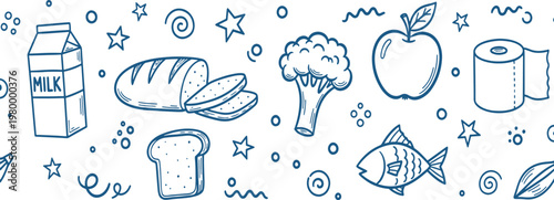 Grocery shopping essentials with healthy food dairy products and household items in a playful hand drawn vector illustration doodle art and icon set