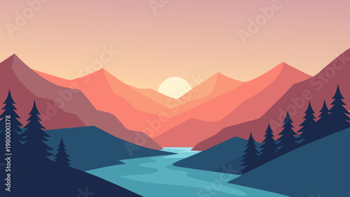 Beautiful pixel art mountain landscape with a flowing river and evergreen trees during sunset.