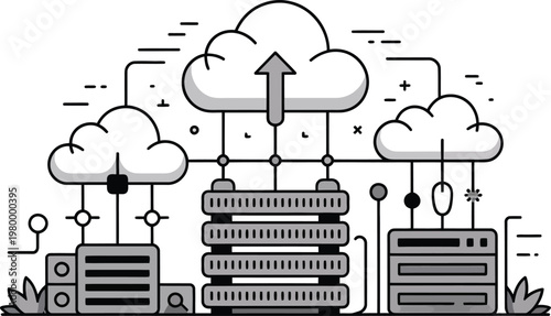 Network server hardware connected to multiple cloud computing systems for efficient data storage and information processing