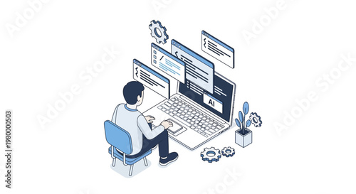 Isometric Illustration of a Software Developer Programming with Artificial Intelligence and Digital Code Interface on Laptop