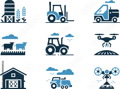 Collection of modern agricultural icons showing farming equipment machinery livestock and crop production field management symbols