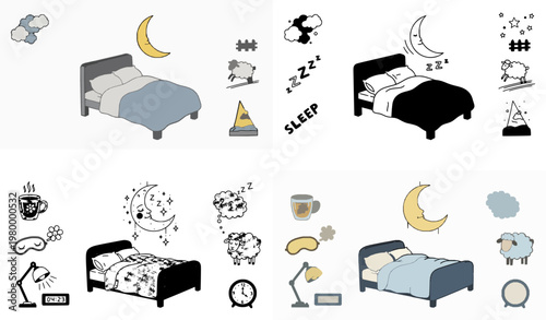 Minimalist Bedroom Icons Set with Furniture and Daily Essentials