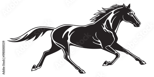 Black and white silhouette illustration of a powerful galloping horse in a dynamic pose with galloping silhouette illustration majestic equestrian isolated stylized movement strength