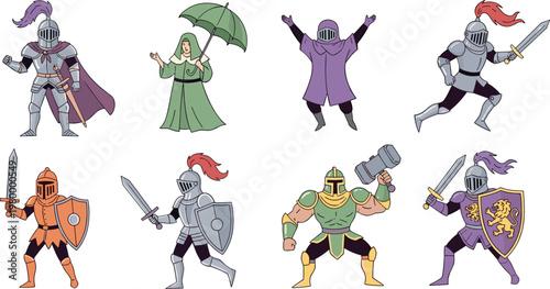 Photography Medieval knight characters collection with warriors, armor and fantasy figures,