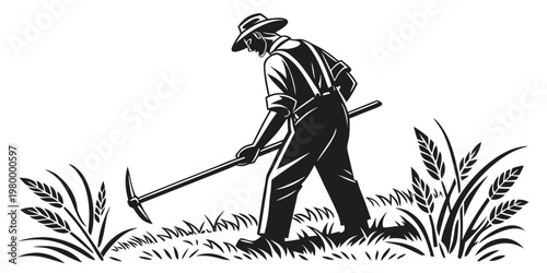Illustration of a farmer working in a wheat field using a hand tool with agriculture cultivation monochrome illustration countryside agricultural overalls harvesting industry fieldwork