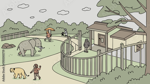 Zoo enclosure with elephant lion visitors hand drawn elephant enclosure visitors building daylight attraction recreation wildlife conservation domestic illustration painting composition